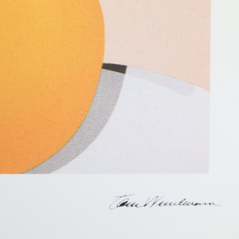 May include: A signed print of an abstract geometric art piece featuring overlapping circles in shades of orange, gray, and white.