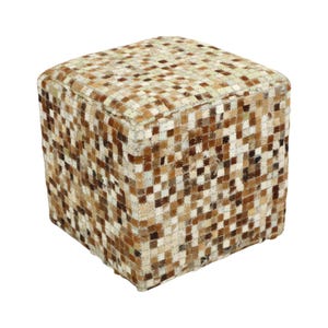 May include: A square ottoman with a patchwork design. The ottoman is covered in small, square patches of various shades of brown, beige, and cream, creating a textured, geometric pattern. The overall aesthetic is rustic and cosy.