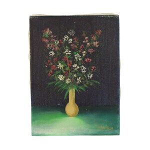 May include: An oil painting of a bouquet of flowers in a yellow vase. The flowers are a mix of red, white, and pink, set against a dark background. The vase sits on a green surface.