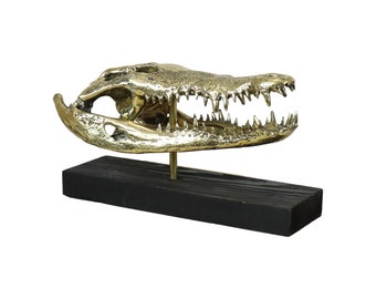 Grote Schedel Zoutwater Krokodil Brons Metaal Houten Basis Kunst 52cm