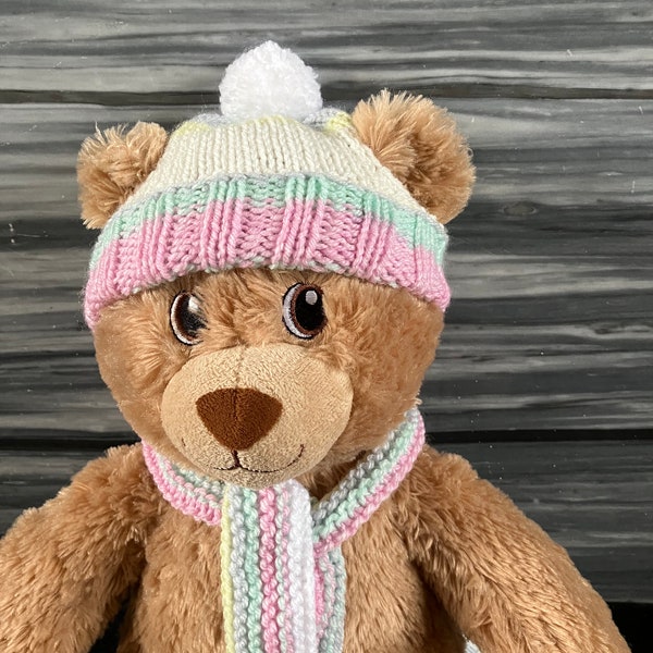 LARGER bear clothes. Hand knitted pastel rainbow hat and  scarf for a 41-46cm/16-18 inch teddy. Fits Build-a-Bear or Bear Factory teddies.