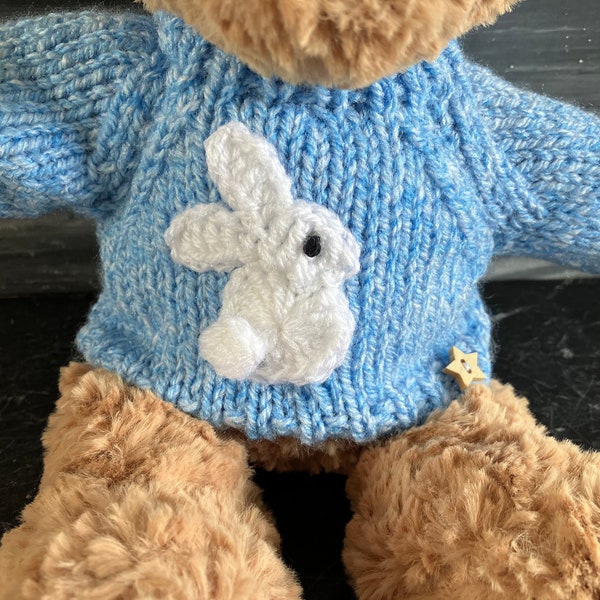 SMALL teddy bear clothes. Hand knitted rabbit jumper for a 26-28cm (10-11inch) teddy. Fits a small jELLYCAT bear.