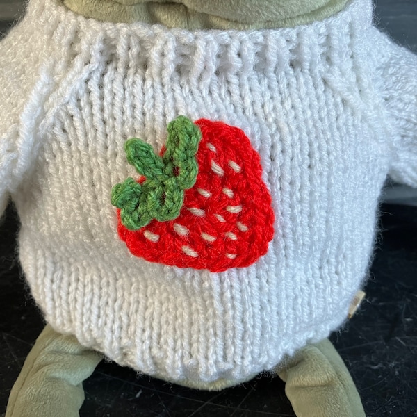 MEDIUM sized teddy bear clothes. Hand knitted strawberry jumper for a 31-33 cm (12-13 inch ) teddy. Fits a medium sized jELLYCAT  bear/frog.