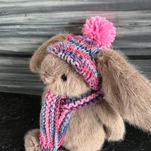 May include: A plush brown rabbit toy featuring long, soft ears and a fuzzy texture. The rabbit is wearing a hand-knitted beanie with a bright pink pom-pom and a matching scarf, both crafted from variegated yarn in shades of pink, blue, and grey.