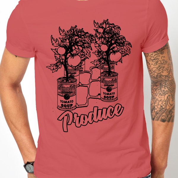 Urban Farming Hydroponics T-Shirt "Produce" Tomato Soup cans