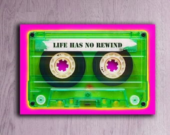 New "Life Has no Rewind"  Original Art by Memento Ready to Hang Canvas- Tapes - Life - 80's - pop art- neon