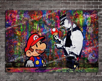 Super Mushroom World Banksy/Memento Original HUGE 40x26 Ready to Hang Canvas-Original Art by Memento - Nintendo - wii