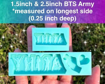 May include: Two silicone molds for making resin crafts. The larger mold is 2.5 inches and the smaller mold is 1.5 inches. Both molds are 0.25 inches deep. The molds feature the silhouette of the seven members of the K-pop group BTS, along with a heart and a hand gesture. The molds are light blue in color.