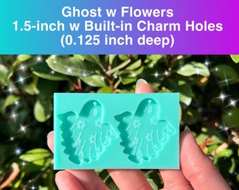 1.5 inch tall (0.125 inch deep) Ghost w Flower w/ Charm Holes for Easy Dangles, Earrings, Zipper Pull, Stitch Markers Resin Silicone Mold
