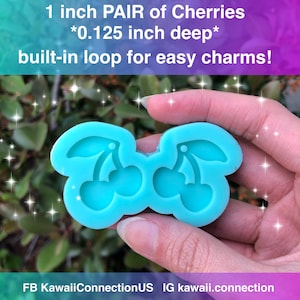 May include: A blue silicone mold for making two cherry-shaped resin charms. The mold is 1 inch wide and 0.125 inch deep. Each cherry has a built-in loop for easy attachment to jewelry or other crafts.