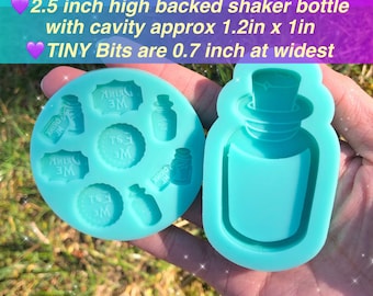 MEDIUM Set 2.5 inch high Wonderland Bottle Shiny Backed Shaker + TINY 0.7 inch Bits Silicone Mold Palette for Resin Craft Keychain Charms