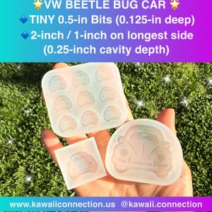 May include: Three translucent silicone molds featuring VW Beetle bug car designs. One square mold contains nine 0.5-inch bits with 0.125-inch depth. Two individual molds measure 2-inch and 1-inch on the longest side with a 0.25-inch cavity depth.