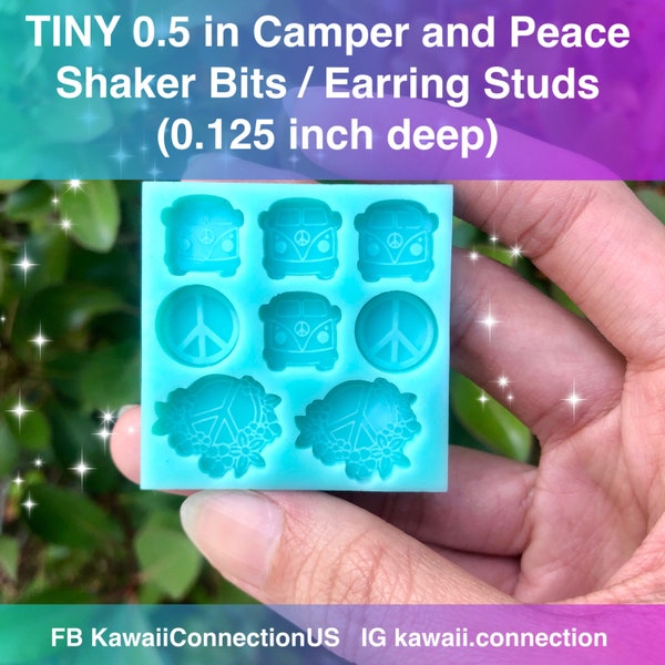 TINY 0.5 inch Camper Camping Van + Peace w 0.75 inch Floral Peace Shaker Bits & Stud Earrings Cabochons Resin Silicone Mold