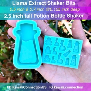 May include: A blue silicone mold for making resin crafts. The mold is shaped like a potion bottle with a llama on top. The mold also includes smaller molds for making llama and potion bottle charms. The mold is 2.5 inches tall and the charms are 0.5 and 0.7 inches wide.