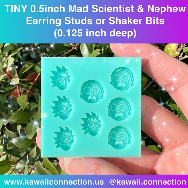 TINY 0.5 inch Science Fiction Mad Scientist & Nephew Earring Studs or Shaker Bits (0.125inch deep) Silicone Mold Palette for Custom Resin