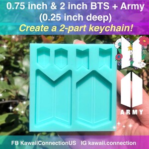 May include: A teal silicone mold for creating a 2-part keychain. The mold features the BTS logo and ARMY text. The mold is 0.75 inches and 2 inches in size, and 0.25 inches deep. The image also includes the text "Create a 2-part keychain!"