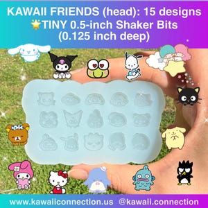 TINY 0.5 inch on longest side (0.125 inch deep) Huge Palette of 15 Kawaii Friends Silicone Mold for Resin Shaker Charms or Earring Studs