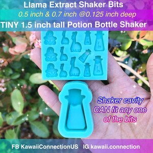 May include: A blue silicone mold for making resin shaker charms. The mold has a large bottle shape and a smaller section with multiple shapes, including llamas, bottles, and stars. The text "Llama Extract Shaker Bits" and "TINY 1.5 inch tall Potion Bottle Shaker" is visible on the mold. The text "Shaker cavity CAN fit any one of the bits" is also visible.