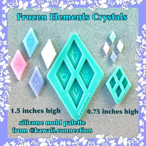 May include: A turquoise silicone mold palette with six different diamond-shaped molds. The mold is 1.5 inches high and features a variety of intricate designs. The text "Frozen Elements Crystals" and "@kawaii.connection" are printed on the mold.