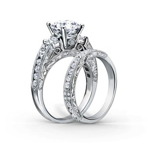 Set di anelli da sposa, Set di anelli di fidanzamento, Anello in argento 935 con fascia abbinata, Set di anelli di diamanti Moissanite, Anello con tre pietre decorative immagine 2