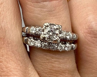 1890s Vintage 1.90 Ct. Art Deco Round Cut Diamond Wedding Engagement Ring Set, 935 Argentium Silver Fine Estate Ring Set, Antique Bridal Set