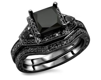 Zwarte Onyx & CZ diamanten verlovings-/trouwringset | Bruidsset| Jubileumcadeau| Vrouwen trouwring| Belofte ring, zwarte diamanten ringset