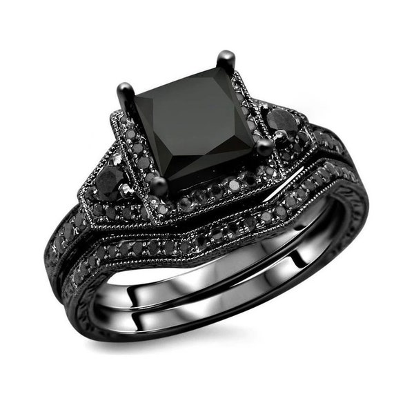 Black Onyx & CZ Diamond Engagement/Wedding Ring Set| Bridal Set| Anniversary Gift| Women Wedding Ring| Promise Ring, Black Diamond Ring Set