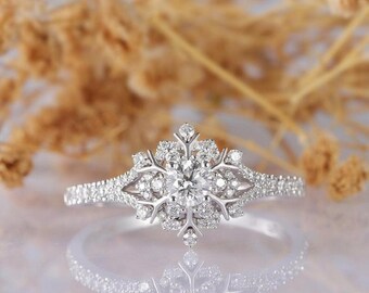 Bellissimo anello fiocco di neve, anello rotondo Moissanite Diamond Proposal, anello d'argento fidanzamento di nozze, anello regalo damigella d'onore, fede nuziale della donna