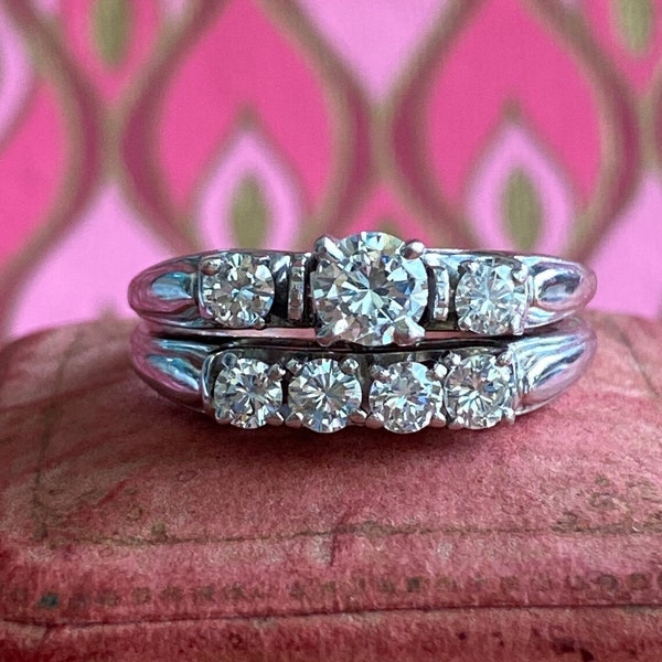 1940s Vintage Engagement Ring Set - Mid-Century Diamond Ring - Antique Moissanite Bridal Set - Vintage Retro Ring Set - Art Deco Bridal Set