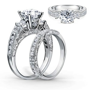 Set di anelli da sposa, Set di anelli di fidanzamento, Anello in argento 935 con fascia abbinata, Set di anelli di diamanti Moissanite, Anello con tre pietre decorative immagine 1