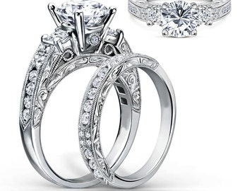 Conjunto de anillos nupciales, conjunto de anillos de boda de compromiso, anillo de plata 935 con banda a juego, conjunto de anillos de diamantes moissanita, anillo de tres piedras Deco