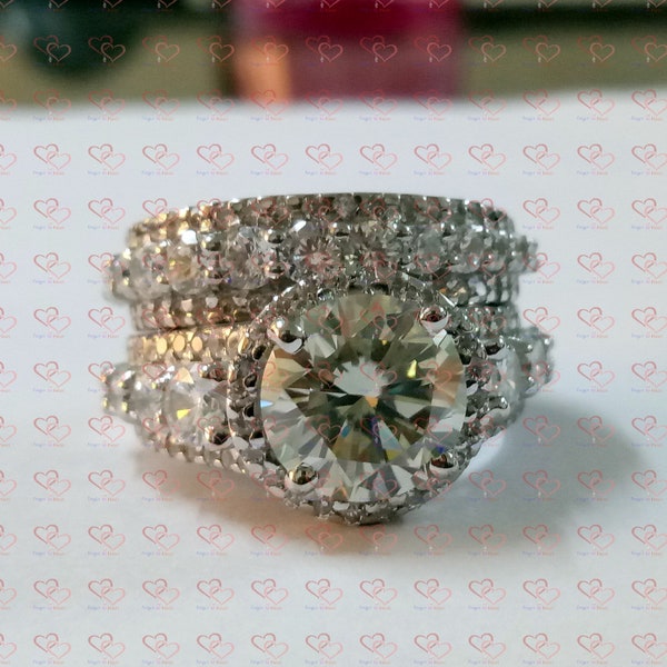 Anillo de compromiso estilo vintage de moissanita blanca de 3 quilates con alianza de boda a juego, conjunto nupcial con halo en plata de ley