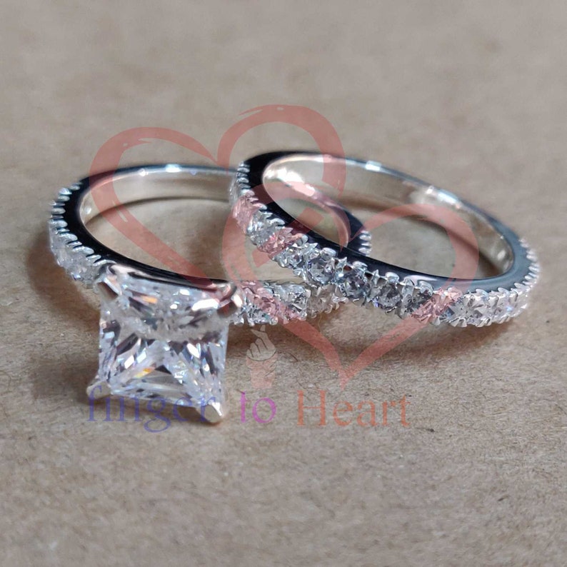 Unique Ring Set Princess Cut Bridal Set 2.85 TCW Simulated Diamond Engagement Band Set 7mm Diamond Engagement Ring With Wedding Band