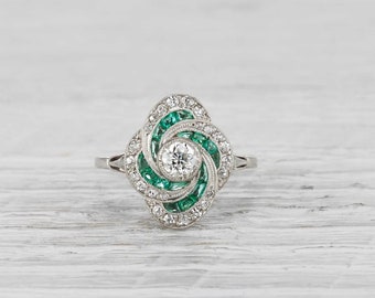 Vintage-Schmuckring, Diamantring mit Lünettenfassung, antiker Verlobungsring, Art-Deco-Schmuck, grüner Baguette-Ring, 935er Silberring