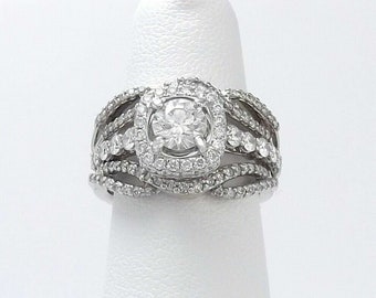 Halo Ring met Wrap Enhancer Guard - Elegante bruidsset in 935 Argentium zilver, bruidshuwelijk & Halo verlovingsring set ronde diamant