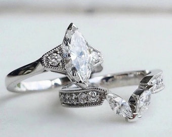 1890s Vintage Art Deco Wedding Engagement Ring Set In 935 Argentium Silver 2.50Ct Marquise Diamond Ring Set Antique Bridal Set gifts for Her