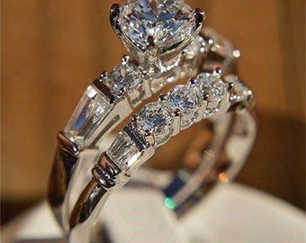 1890s Vintage 2.50 Ct. Art Deco Old European Wedding Engagement Ring Set in 935 Argentium Silver Round Diamond Ring Set Antique Bridal Set