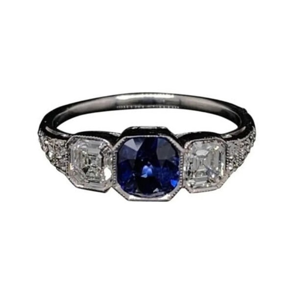 1900-10's Vintage 2 Carat Sapphire Antique Art Deco Wedding Ring 935 Argentium Silver Estate Diamond Ring Three Stone Vintage Filigree Ring