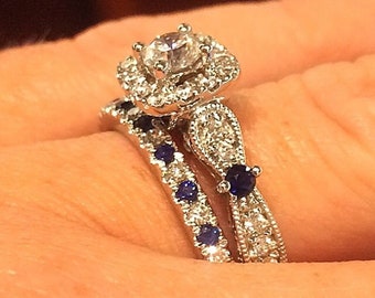 Fedi nuziali con diamante moissanite a taglio rotondo e zaffiro blu per anelli di fidanzamento da donna Set da sposa, anello di fidanzamento con set di fedi nuziali