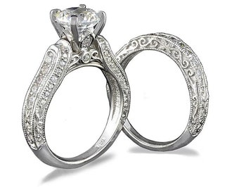 1890s Vintage Edwardian 2 Ct. Round Cut Diamond Art Deco Bridal Set, Antique Engagement Ring Set in 935 Argentium Silver Retro Bridal Set