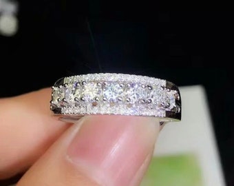 Anello di fidanzamento con bellissimo filo di diamante Moissanite da 1,25 ct, fede nuziale in argento argentato 935 da donna