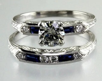 1880-90s Vintage Engagement Ring Set/ Round & Sapphire Baguette Diamond Ring Set/ Edwardian Ring Set/ Wedding Bridal Ring Set/Stackable Ring