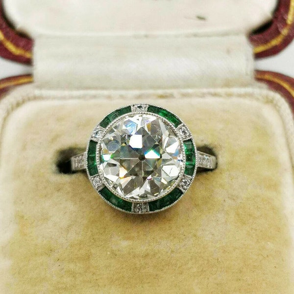 vintage Art Déco des années 1880 3 Ct Round Old European Cut Diamond Bague de fiançailles | Argent 935 | Halo cible émeraude | Bague Fine Estate