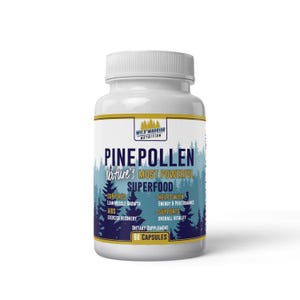 May include: A white bottle of Wild Warrior Nutrition Pine Pollen Superfood capsules. The label features text and a blue and white forest graphic. The text includes "Supports Lean Muscle Growth" and "60 Capsules."