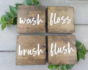 wash, brush, floss, flush sign (set 4), bathroom signs, bathroom rules, bathroom decor, wood decor, bathroom signs