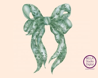 Floral Coquette Ribbon PNG, Green Bow Clipart for Easter Sublimation, Vintage Botanical Bow Design – Digital Download for T-Shirts, Tumbler