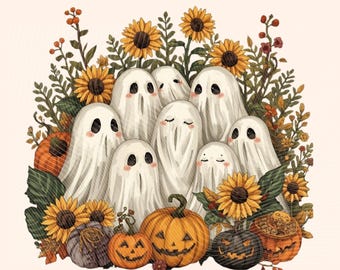 Retro Ghost Vibes Png Sublimation - Digital Download ,Fall Autumn Halloween, Sunflowers , New Design Smiley Hoodie autumn Flowers Png Floral