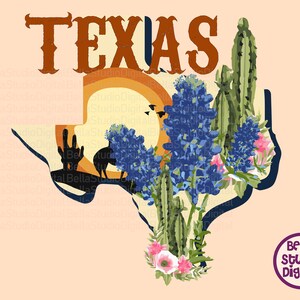 Cowboy Texas Design Png, Bluebonnet Texas Cowboy Zustand Druck, Sublimations-Download Texas Kaktus SVG PNG Dxf Eps Pdf, Geschenk Texas Liebhaber Sonne