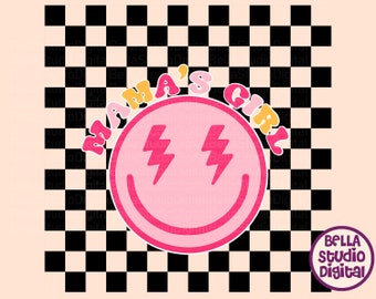 Pretty Mama's Girl Smiley, Lightening Bolt Smile SVG, PNG, Pdf Dxf -Eps Checkered shirt, Svg Bundle, Smile face sublimation DTF File