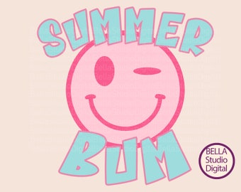Summer Bum Digital Art, Winking Smiley Pink, Cartoon PNG & SVG | Printable for T-Shirts, Bag, Summer Trendy Design Svg, Dtf File Transfer